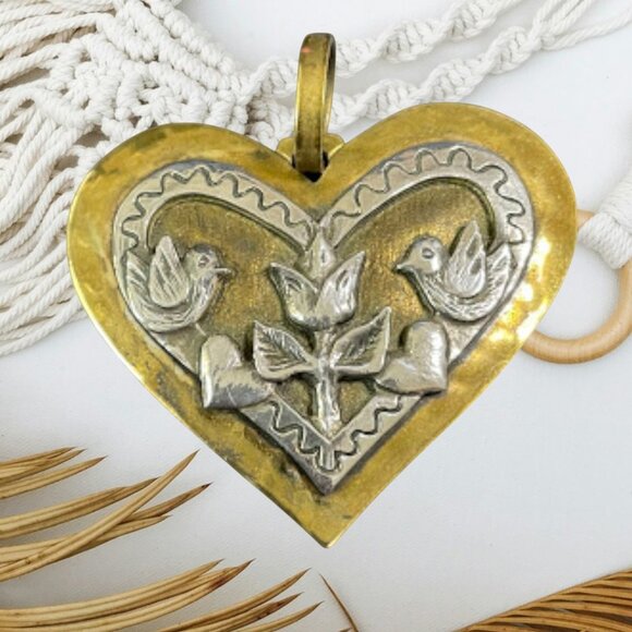 Vintage RARE Retired Jeep Collins Brass & Sterling Handmade Dove Heart Pendant - Picture 1 of 13